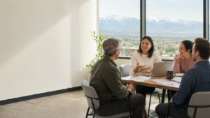 Utah small business team reviewing employee benefits options together in a bright office