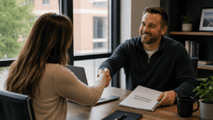 Employer handing new employee a handbook during a small business hiring handshake