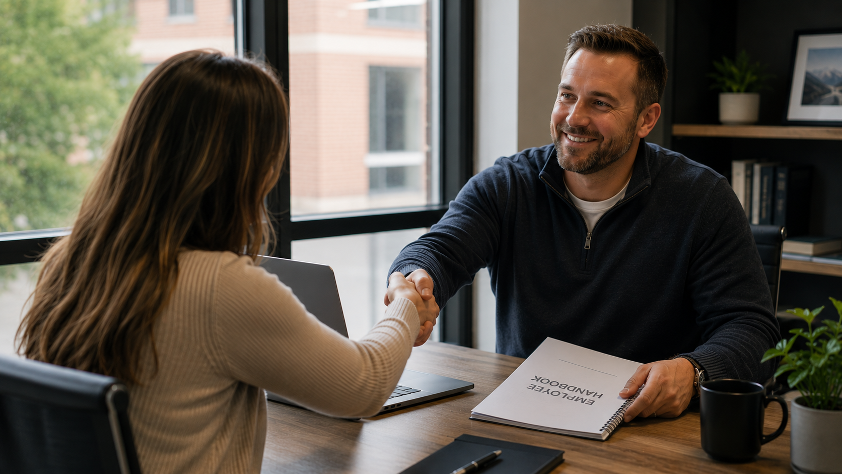Employer handing new employee a handbook during a small business hiring handshake