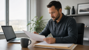 Utah small business owner reviewing a payroll report while comparing payroll companies